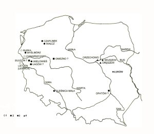 Ryc. 6. Plan z zaznaczeniem zidentyfikowanych i domniemanych komandorii templariuszy na ziemiach polskich, w granicach pastwa polskiego po 1945 roku (wg Przemysawa Koosowskiego)